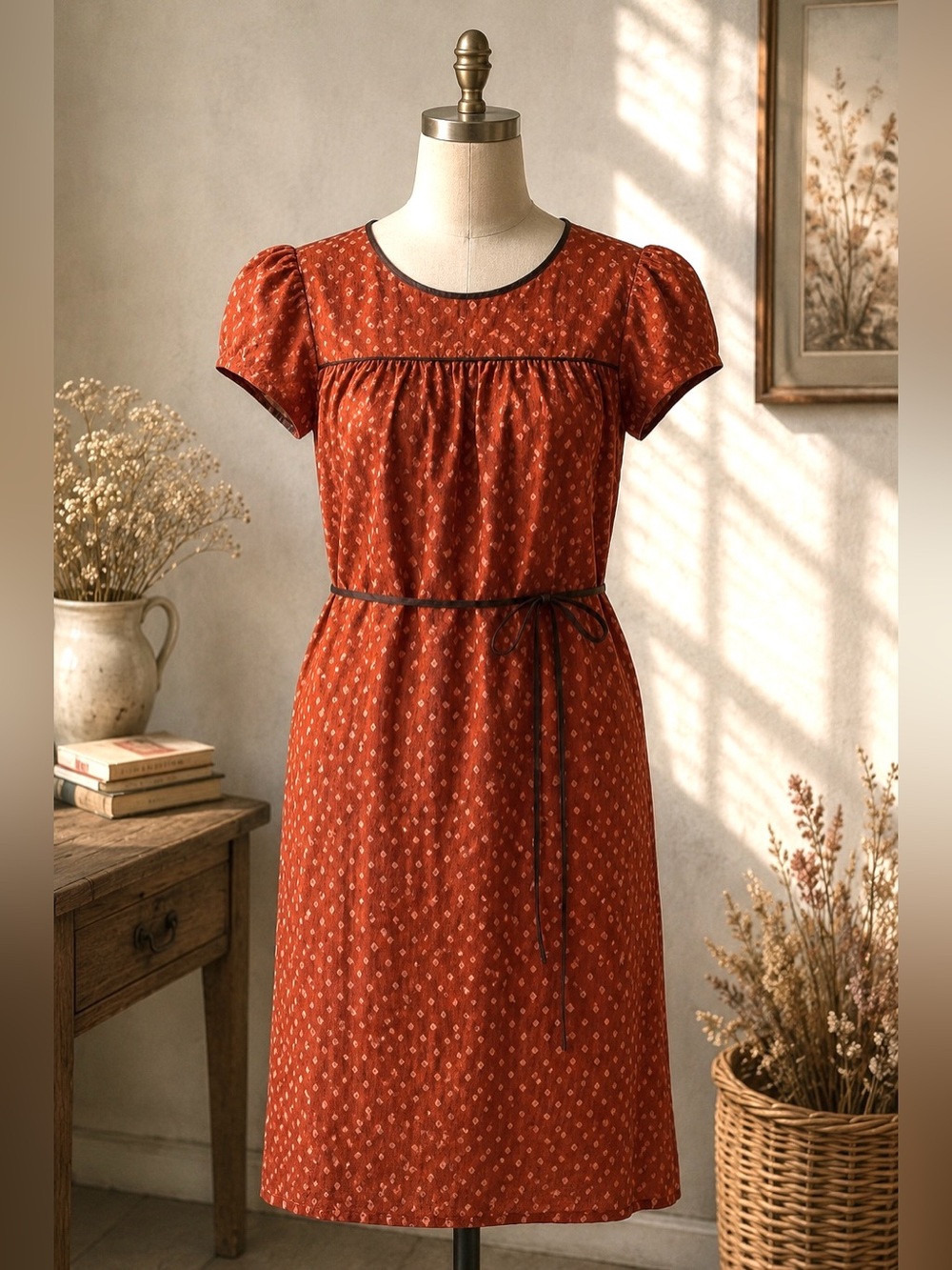 Vintage Joshi 100% Silk Puff Sleeve Empire Waist Cottagecore Midi Dress Size Med